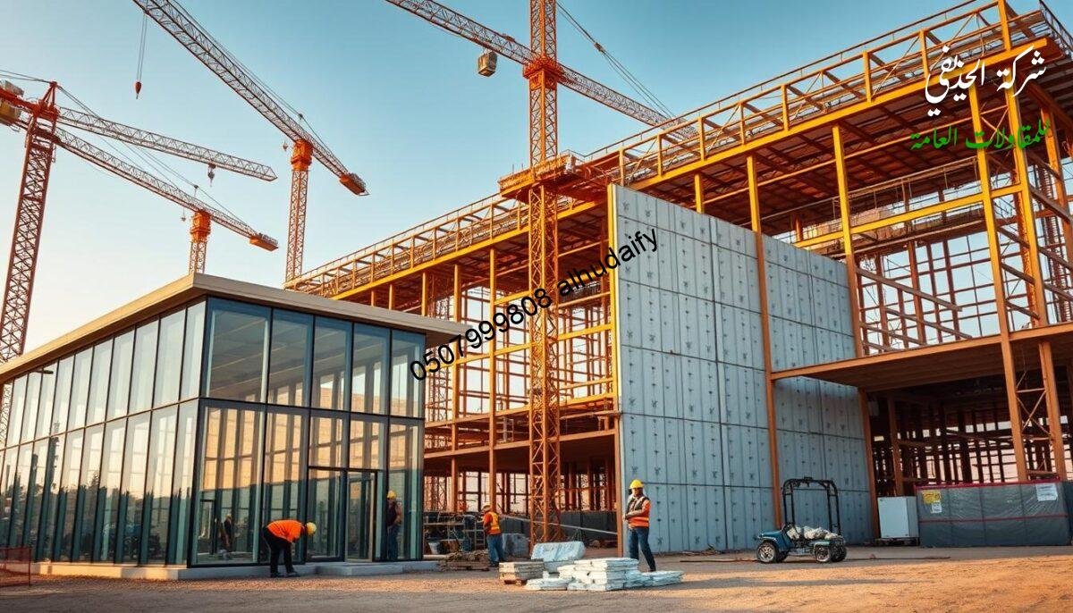 An expansive construction site in Dammam, filled with towering cranes and bustling activity. The foreground showcases the intricate assembly of a modern glass-walled annex, its sleek panels and gleaming frames taking shape. In the middle ground, workers clad in safety gear meticulously install insulated sandwich panels for the walls and roof, creating an energy-efficient structure. The background is dominated by the skeletal framework of a larger building, hinting at the scale and scope of the ongoing project. Warm, directional lighting casts dramatic shadows, heightening the sense of progress and achievement. The scene conveys a harmonious blend of modern design, skilled craftsmanship, and the relentless drive to construct visually striking yet functional spaces.