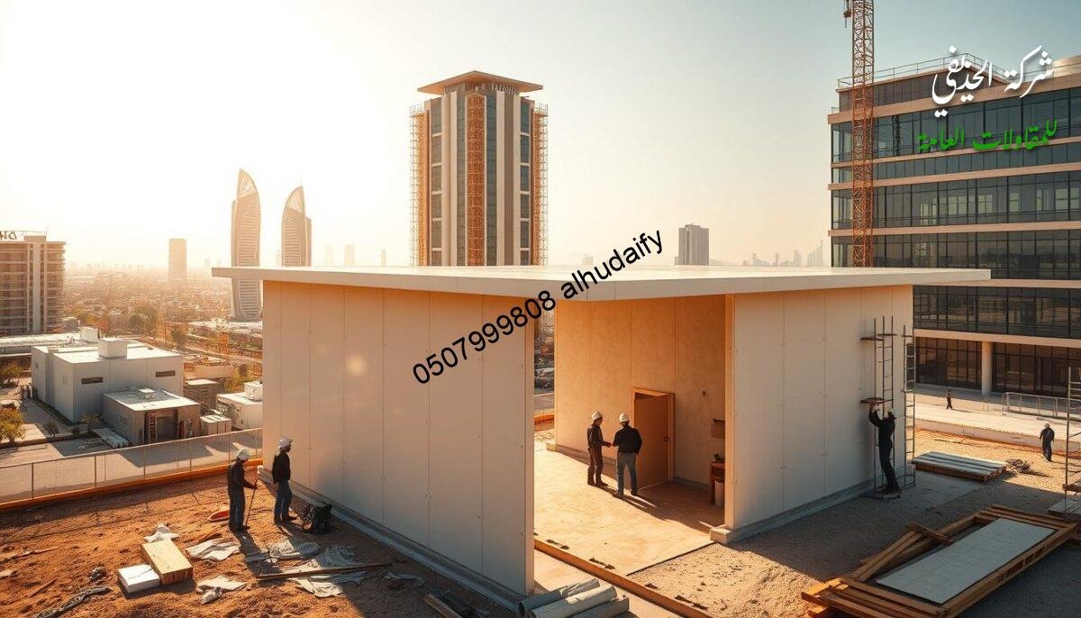 An expansive, sun-drenched scene in the heart of Dammam's bustling Eastern Province. In the foreground, a team of skilled tradesmen meticulously assemble a sleek, contemporary office annex, its walls and roof crafted from insulated sandwich panels that glisten in the warm, golden light. The middle ground reveals the towering silhouettes of neighboring commercial structures, their glass facades reflecting the activity below. In the distance, the vibrant cityscape stretches out, hinting at the thriving business ecosystem that this professional contractor serves with expertise and precision.