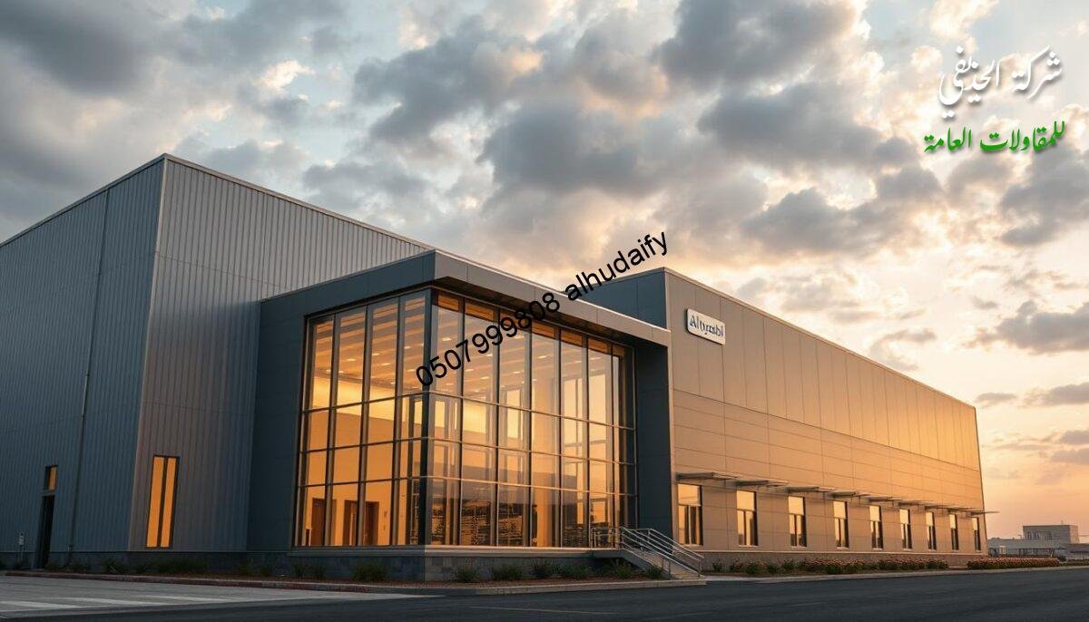 An exterior view of a modern industrial facility belonging to Al-Huzaibi General Contracting Company, located in Saudi Arabia. The facility features a contemporary architectural design with a prominent glass atrium and sleek metal cladding. The building is set against a backdrop of a partially cloudy sky, with warm lighting illuminating the structure. The scene conveys a sense of professionalism and innovation, reflecting the company's expertise in constructing specialized metal structures and enclosures, such as modern glass-walled extensions and insulated sandwich panel buildings. An exterior view of a modern industrial facility belonging to Al-Huzaibi General Contracting Company, located in Saudi Arabia. The facility features a contemporary architectural design with a prominent glass atrium and sleek metal cladding. The building is set against a backdrop of a partially cloudy sky, with warm lighting illuminating the structure. The scene conveys a sense of professionalism and innovation, reflecting the company's expertise in constructing specialized metal structures and enclosures, such as modern glass-walled extensions and insulated sandwich panel buildings.