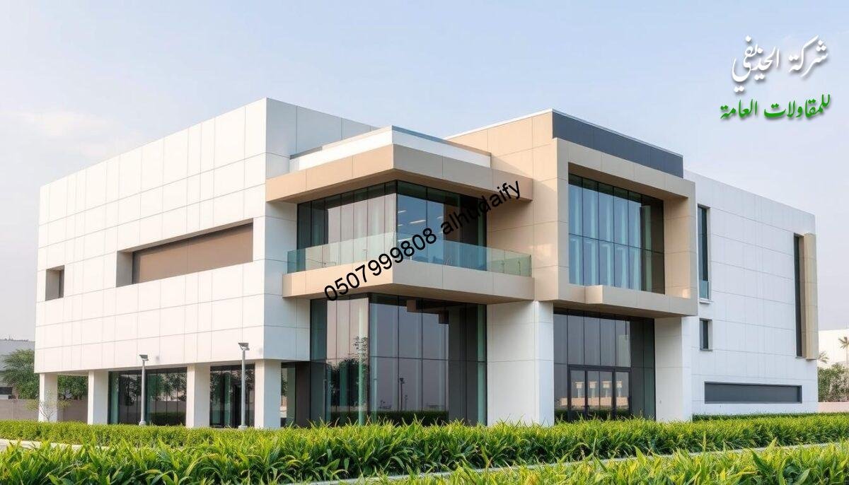 An exterior view of a modern, well-crafted building located in the eastern region of Saudi Arabia, showcasing the expertise of a skilled contractor. The structure features sleek, contemporary architectural elements, including a mix of glass panels and insulated sandwich panel walls that create a seamless, energy-efficient facade. The building is situated against a backdrop of lush greenery, capturing the essence of the region's vibrant and thriving environment. The image conveys a sense of professionalism, attention to detail, and a commitment to delivering high-quality construction services to the local community.