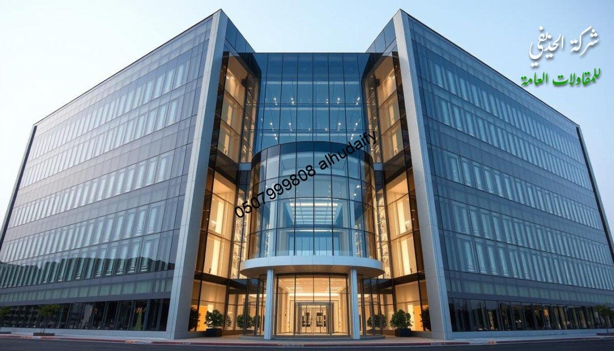 An imposing commercial building with a striking glass facade, the Hazaifee Construction Company stands tall in Dammam. The structure features a sleek, angular design, with expansive windows that allow natural light to flood the interior. The building's middle section boasts a contemporary glass-enclosed annex, its walls and roof composed of insulated sandwich panels. The entrance is flanked by modern, minimalist columns, leading to a welcoming lobby. The overall composition exudes a sense of professionalism and technological sophistication, perfectly capturing the company's expertise in constructing cutting-edge glass-centric structures.