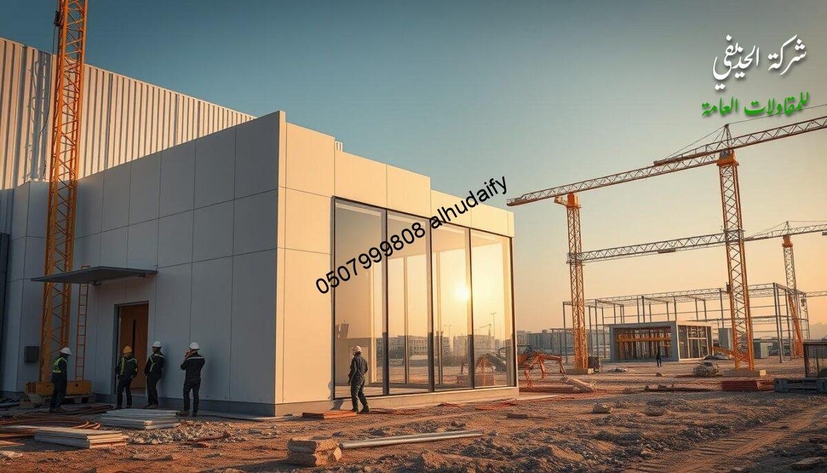 An industrial construction site in Dammam, Saudi Arabia. In the foreground, a team of workers meticulously assemble a modern annex with sleek, insulated sandwich panel walls and roofing. The middle ground features a partially completed glass-enclosed room, its transparent facade reflecting the surrounding cityscape. In the background, the framework of additional annexes takes shape, hinting at the ongoing expansion and development. Warm, directional lighting casts dynamic shadows, emphasizing the precision and care taken in the construction process. The scene conveys a sense of progress, professionalism, and structural integrity - the very "guarantees of execution" that define this infrastructure project.