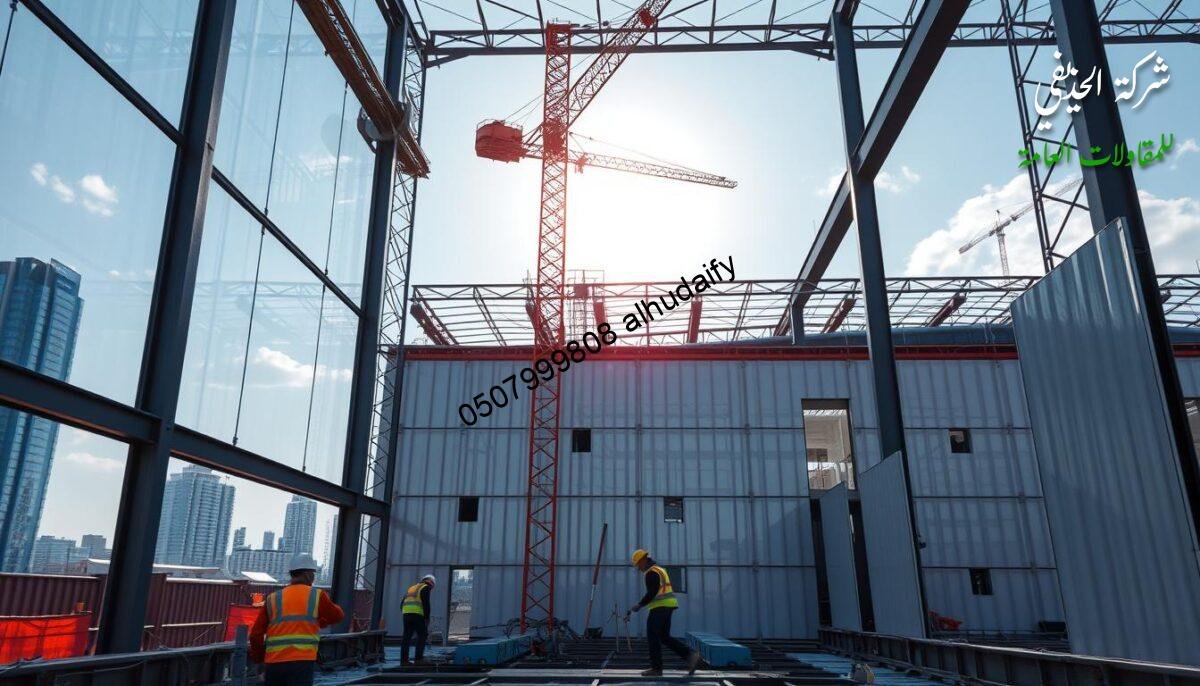 An industrial-style construction site with a focus on the execution phase. Towering steel frames and glass panels stand tall, framing the scene. Glossy, insulated sandwich panels line the walls and roof, reflecting the sun's warm rays. Construction workers in high-visibility gear move with purpose, overseeing the intricate process. A sense of meticulous planning and attention to detail permeates the atmosphere, conveying the "ضمانات التنفيذ" (Execution Guarantees) ethos. The image captures the intersection of modern building techniques and the human effort behind them, set against the backdrop of the Eastern region's cityscape.