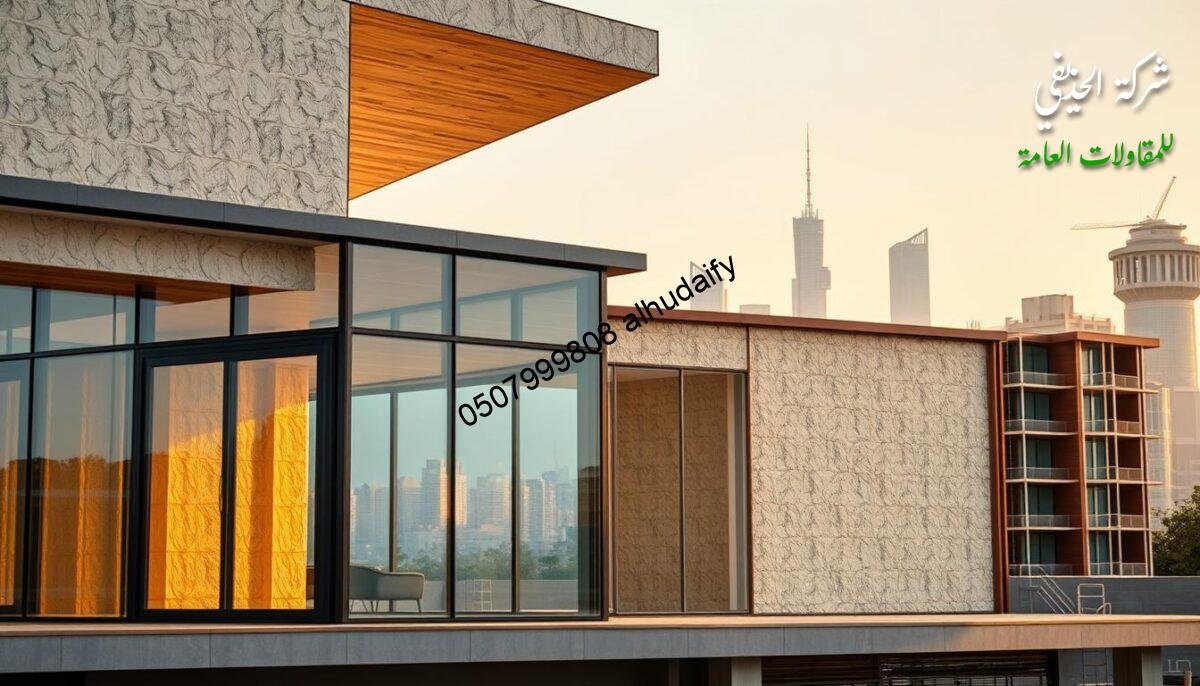 An intricate architectural scene showcasing the innovative insulation systems used in modern building construction. In the foreground, a sleek glass-enclosed annex features walls and a roof composed of high-performance sandwich panels, expertly engineered to provide superior thermal and moisture protection. The middle ground highlights the precision installation of these specialized insulation components, ensuring a seamless, energy-efficient integration. In the background, the city skyline of Dammam serves as a sophisticated backdrop, highlighting the cutting-edge techniques employed to create comfortable, sustainable living spaces. The scene is bathed in warm, natural lighting, conveying a sense of modern elegance and functional excellence.