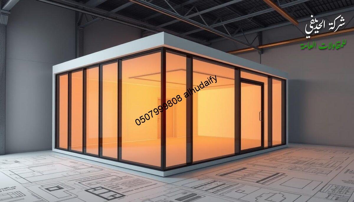 Architectural blueprints and technical schematics of a modern, glass-enclosed annex with insulated sandwich panel walls and roof. Sleek, minimalist design with clean lines and precise engineering. Vibrant natural lighting filters through the glass facade, casting warm, diffused illumination on the interior. The structure seamlessly blends industrial materials and contemporary aesthetics, showcasing innovative building techniques suitable for the climate of Dammam. Detailed plans highlight efficient structural support, advanced insulation properties, and durable construction methods ideal for this region.