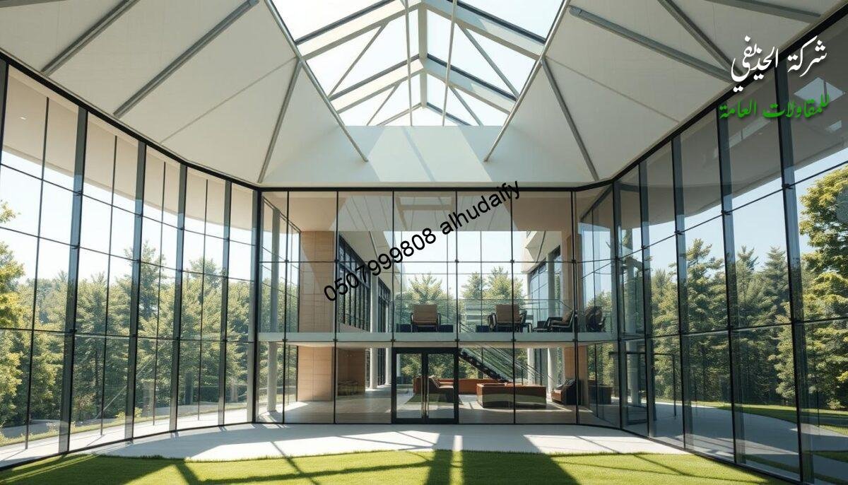 Architectural geometric design showcasing a modern and functional building structure. Sleek glass panels and insulated sandwich panels create a warm and inviting atmosphere. The building features clean lines, sharp angles, and a harmonious blend of transparency and solidity. Sunlight filters through the glass, casting intricate shadows and highlights that accentuate the geometric patterns. The structure is situated in a lush, verdant setting, allowing for a seamless integration of indoor and outdoor spaces. This design embodies the principles of efficiency, sustainability, and aesthetic appeal, making it an ideal representation of the detailed construction process.