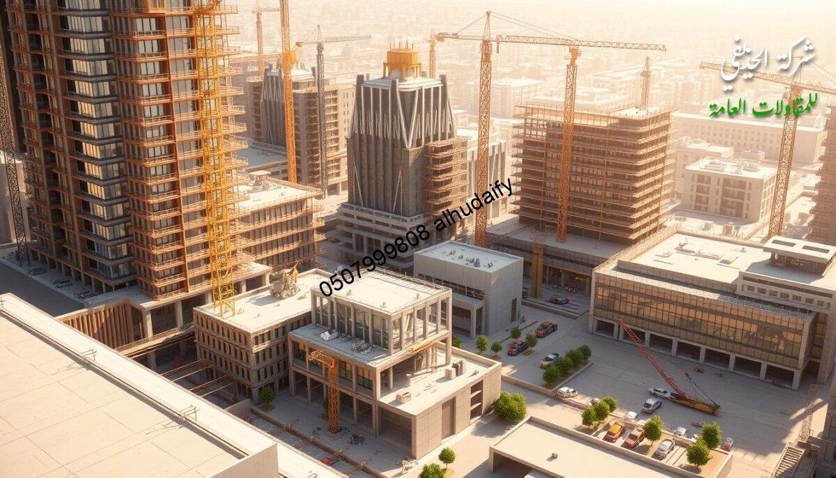Architectural rendering of an expansive construction site featuring a cluster of modern buildings with sleek glass facades and clean geometric forms. The structures are surrounded by a well-organized network of scaffolding, cranes, and heavy machinery, conveying a sense of active, large-scale development. Warm sunlight filters through the structures, casting long shadows and creating a sense of depth and dimensionality. The palette is dominated by neutral tones of concrete, steel, and glass, punctuated by pops of vibrant greenery. An atmosphere of progress, sophistication, and attention to detail pervades the scene, reflecting the quality and care of the construction projects underway.