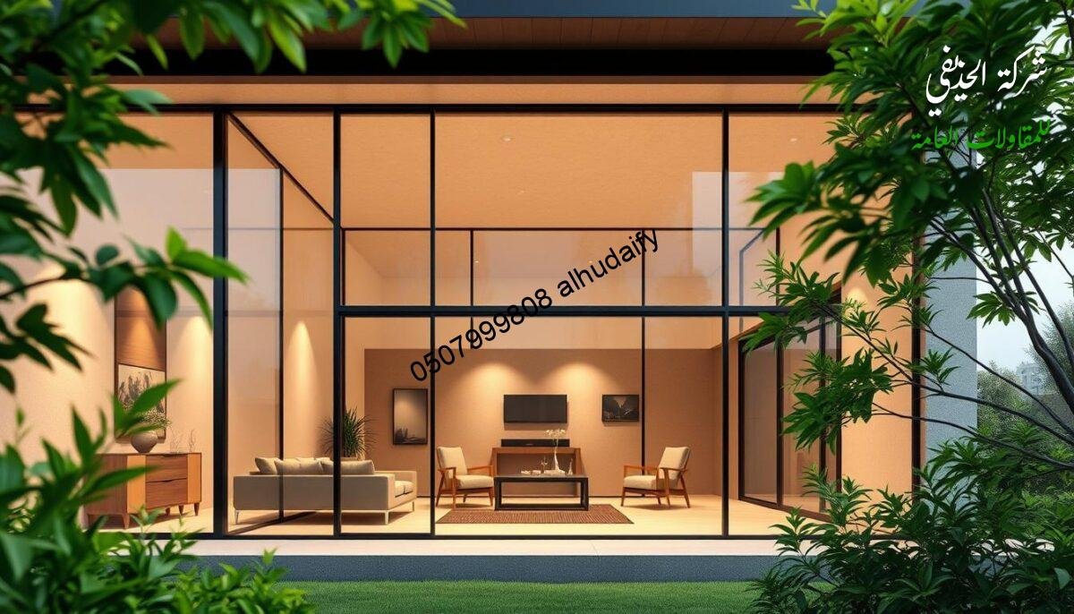 Detailed architectural illustration showcasing the importance of insulation and quality in modern Saudi building construction. A sleek, contemporary glass-enclosed outdoor living space with insulated sandwich panel walls and ceiling. Soft, warm lighting illuminates the high-end materials and meticulous craftsmanship. Lush, verdant greenery frames the scene, creating a serene, inviting ambiance. Precise camera angle and sharp focus emphasize the structural integrity, thermal efficiency, and aesthetic appeal of this energy-efficient building extension.