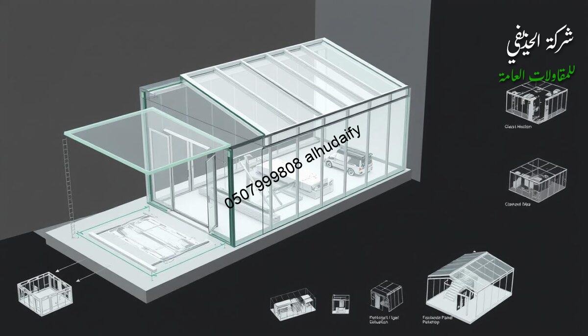 Detailed architectural schematic of the various stages in the engineering implementation of a modern glass room structure. Showcasing the intricate assembly process, with clear visualization of the insulated sandwich panel walls and roof system. Precise 3D depiction of the construction workflow, capturing the meticulous attention to detail required for this sophisticated design. Crisp, technical illustrations highlighting the key structural components and their seamless integration. Muted color palette emphasizing the sleek, contemporary aesthetic. Subtle lighting enhances the depth and materiality of the engineered elements. Immersive, CAD-inspired perspective to convey the comprehensive engineering approach.