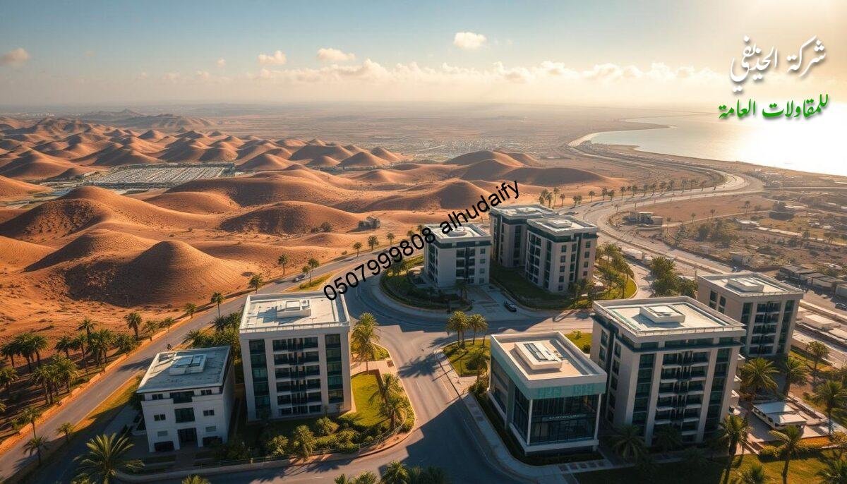 Expansive aerial view of the eastern region of Saudi Arabia, showcasing the diverse landscapes and urban centers where high-quality cement board construction is prevalent. Rolling hills, lush palm groves, and shimmering coastlines form the picturesque backdrop, while modern residential and commercial buildings with sleek, glass-enclosed annexes and rooms stand as testament to the region's embrace of innovative building materials and techniques. Warm, golden sunlight filters through wispy clouds, casting a serene ambiance over the scene. The image conveys a harmonious blend of natural beauty and urban development, highlighting the suitability of cement board for efficient, durable, and visually appealing construction projects in this thriving part of the Kingdom.