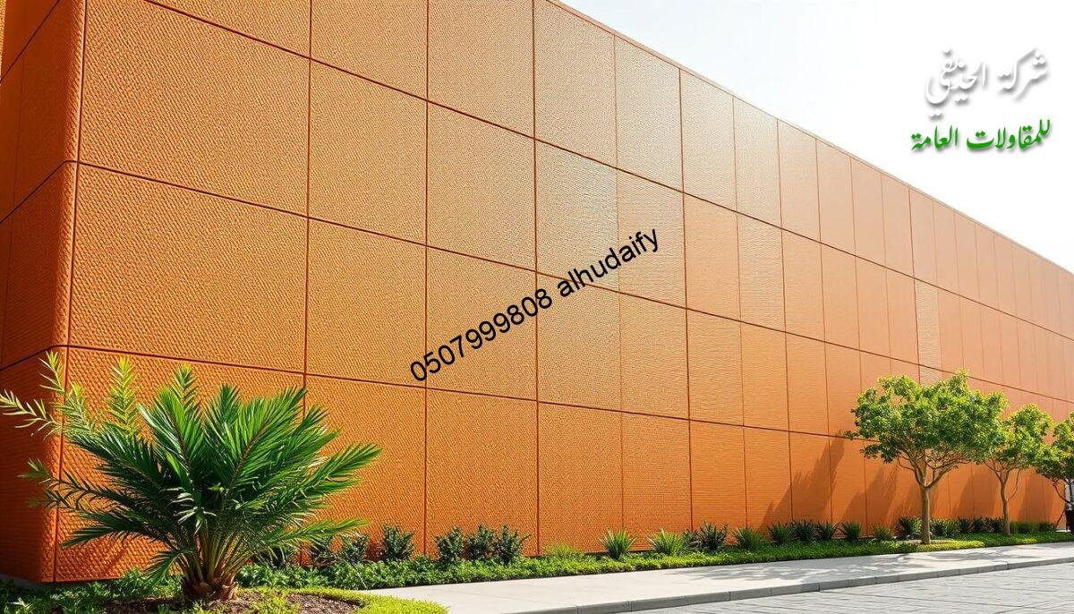 Expansive insulated sandwich panels in a warm hue cover the exterior of a contemporary architectural structure, its clean lines and angular geometry standing in contrast to the lush greenery surrounding it. Crisp lighting from above illuminates the textured surface, casting intricate shadows that accentuate the panel's intricate design. The scene evokes a sense of efficiency and modernity, perfectly suited for the building's purpose as a practical yet visually appealing addition to the urban landscape of Dammam.