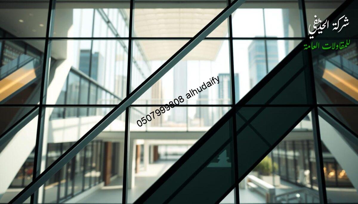 Geometric architectural design with a focus on modern glass facades. A sleek, minimalist structure with a striking geometric pattern in the foreground, created using a combination of transparent and opaque materials. The middle ground features a well-lit, airy interior space with ample natural light filtering through the glass walls. In the background, a blurred cityscape of high-rise buildings, reflecting the design principles of the focal structure. The lighting is bright and directional, emphasizing the sharp edges and clean lines of the geometric forms. The overall mood is one of sophistication, innovation, and functional elegance.