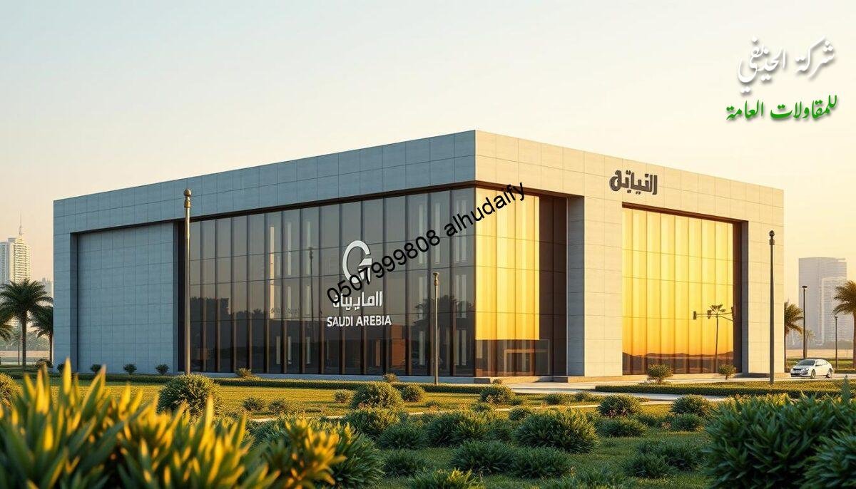 High-quality architectural illustration of "شركة الحذيفي للمقاولات", a modern commercial construction company in Saudi Arabia. The image should feature the company's sleek and minimalist office building with clean lines, large glass walls, and a prominent company logo. The building should be situated in a lush, landscaped setting with greenery in the foreground and a vibrant cityscape in the background, conveying a sense of sophistication and success. Utilize warm, natural lighting to highlight the building's elegant design and materials, such as concrete, steel, and glass. The overall mood should be professional, contemporary, and visually striking to reflect the company's expertise in constructing high-end residential and commercial properties.