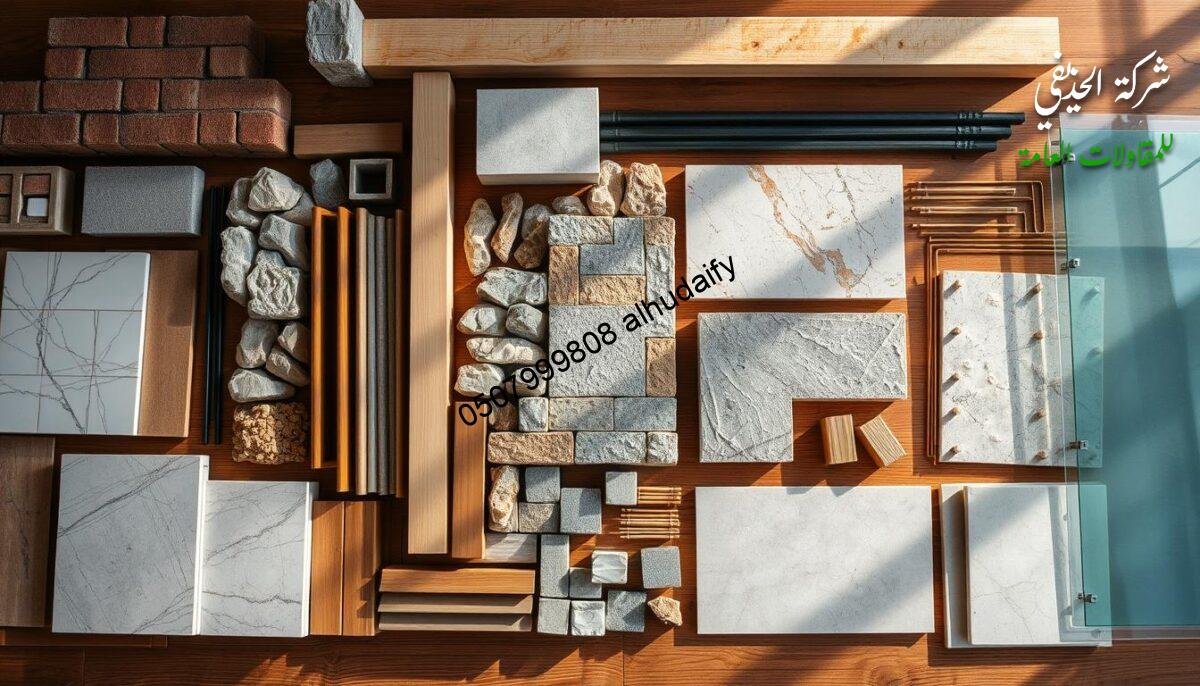 High-quality detailed image of various building materials and construction supplies arranged on a wooden surface, including bricks, stones, ceramic tiles, wooden beams, steel rods, concrete blocks, glass panels, and insulation materials. The scene is evenly lit from above, creating warm, soft shadows that highlight the textures and colors of the materials. The composition is balanced and visually appealing, with the items neatly organized to showcase their individual qualities. The overall mood is one of professionalism, quality, and attention to detail, reflecting the artisanal craftsmanship of high-end interior finishing.