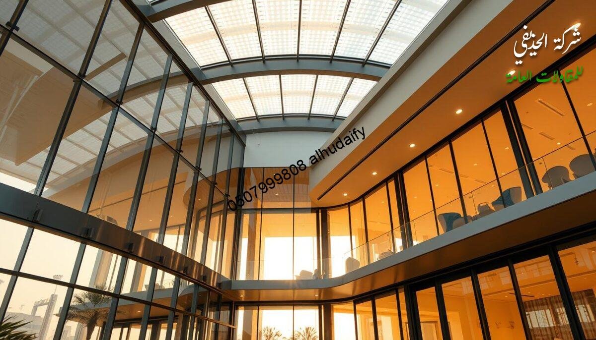 Intricate architectural details of a modern, energy-efficient building facade in Saudi Arabia. Expansive glass-enclosed outdoor living spaces with insulated sandwich panel walls and ceilings. Precision engineering and meticulous quality control ensure structural integrity, thermal efficiency, and visual elegance. Warm, natural lighting filters through the translucent panels, creating a serene, inviting ambiance. The seamless integration of form and function reflects a dedication to quality construction, elevating the everyday experience of the built environment.