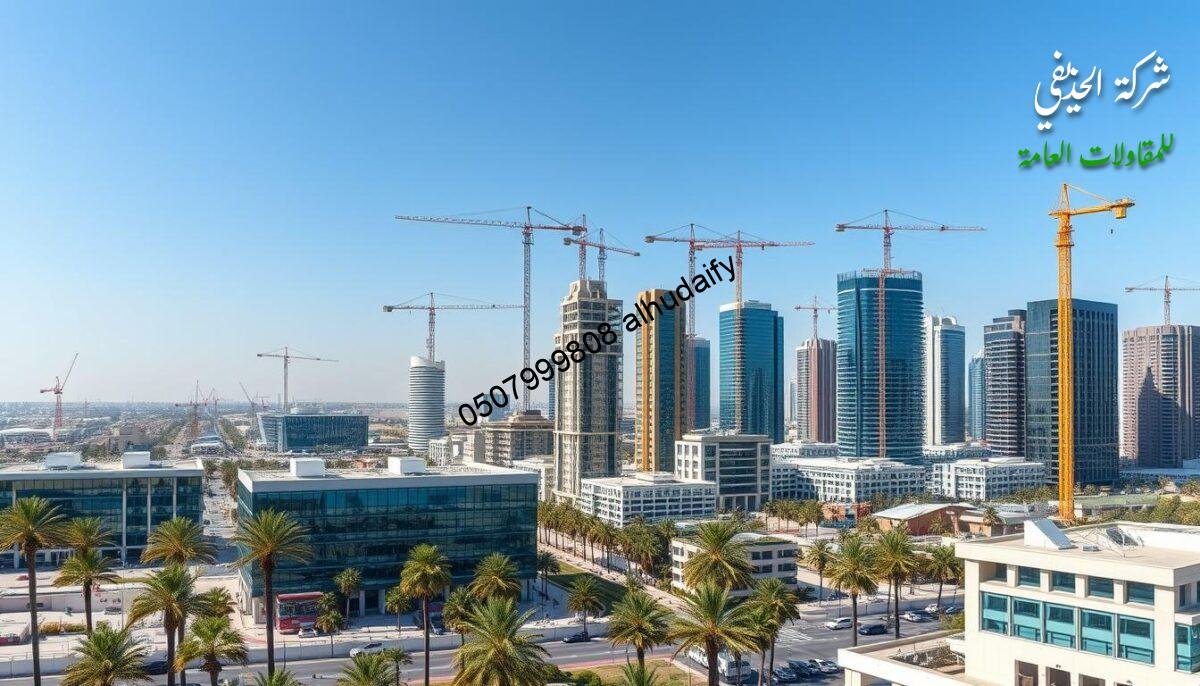 Panoramic cityscape of Dammam and Khobar, Saudi Arabia, showcasing the vibrant construction projects underway. Sleek modern buildings with glass facades and steel frames rise amidst a backdrop of palm trees and clear blue skies. Cranes dot the horizon, signifying the rapid development of commercial and residential complexes. The scene exudes a sense of progress and economic vitality, capturing the essence of the region's thriving construction industry. Crisp, high-resolution image with a balanced composition, highlighting the scale and architectural details of the various construction sites.