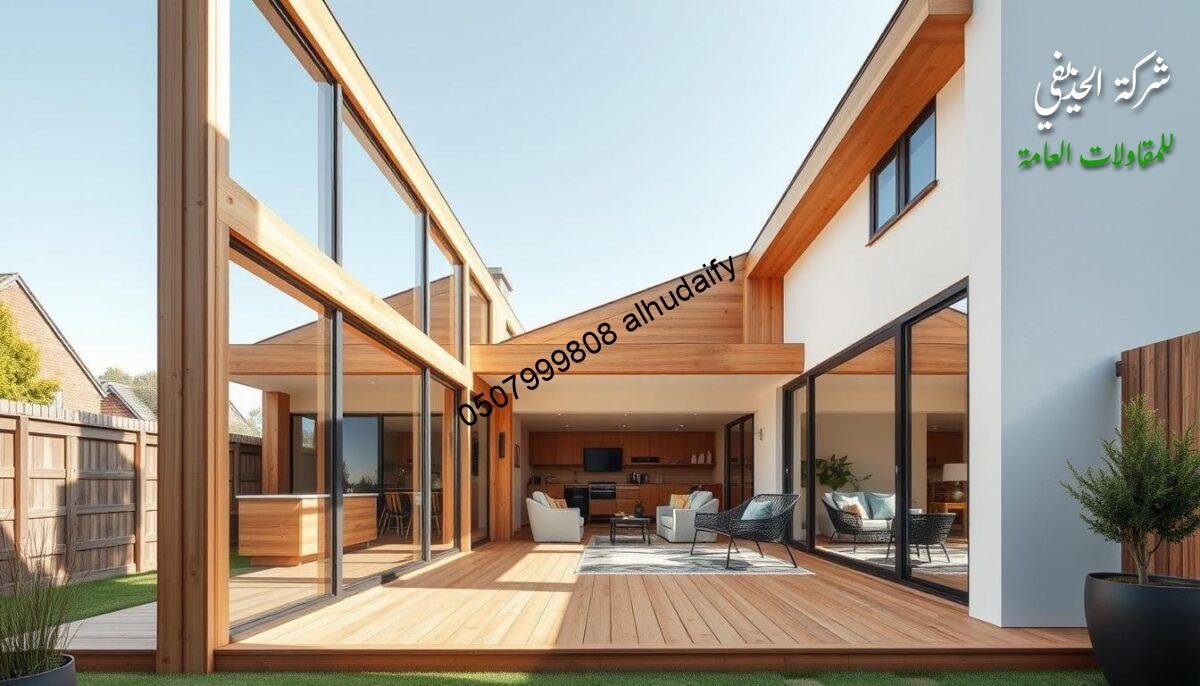 Sleek, contemporary wooden outdoor extension with meticulously detailed cost breakdown. Sunlit, minimalist design featuring warm timber tones, clean lines, and a harmonious blend of materials. Expansive glass panels invite natural light, creating a seamless transition between indoor and outdoor living spaces. Precisely engineered insulated sandwich panels form the sturdy, energy-efficient structure. Precise angles, measured proportions, and a carefully curated color palette convey a sense of modern elegance. Soft, diffused lighting accentuates the texture and depth of the wood, while strategic camera angles capture the harmonious interplay of form and function.