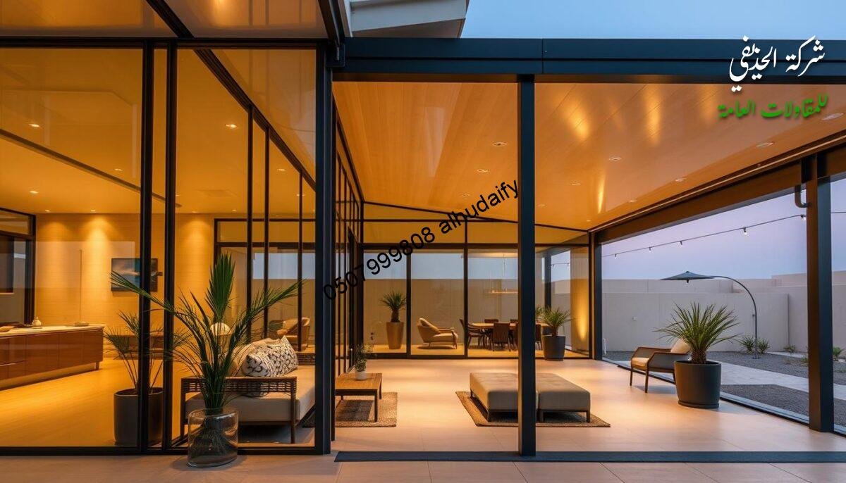 Sleek, modern glass-enclosed outdoor living spaces with insulated sandwich panel walls and ceilings. A harmonious blend of minimalist architecture and natural materials, bathed in warm, diffused lighting. Elegant metal frames support the glass panels, creating a seamless transition between indoor and outdoor environments. Strategically placed plants and subtle decor accents complement the clean, contemporary aesthetic. The overall design prioritizes functionality, energy efficiency, and a serene, inviting atmosphere - perfect for relaxation and entertaining in the heart of Saudi Arabia's Eastern Province. Sleek, modern glass-enclosed outdoor living spaces with insulated sandwich panel walls and ceilings. A harmonious blend of minimalist architecture and natural materials, bathed in warm, diffused lighting. Elegant metal frames support the glass panels, creating a seamless transition between indoor and outdoor environments. Strategically placed plants and subtle decor accents complement the clean, contemporary aesthetic. The overall design prioritizes functionality, energy efficiency, and a serene, inviting atmosphere - perfect for relaxation and entertaining in the heart of Saudi Arabia's Eastern Province.