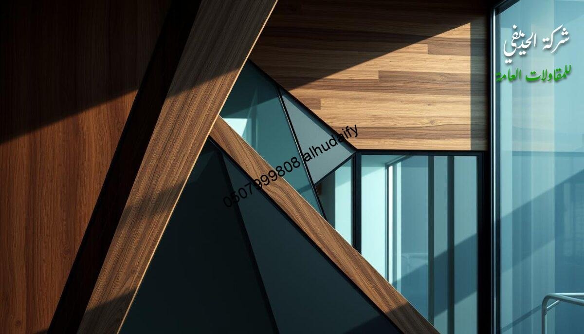 Sophisticated geometric design with sleek, angular forms in a minimalist style. Intersecting planes of varying textures and materials - smooth glass, warm wood, and brushed metal - create a harmonious, modular composition. Dramatic shadows and highlights accentuate the architectural details, evoking a sense of balance and architectural precision. The design conveys a contemporary, high-tech aesthetic suitable for modern external annexes and glass rooms. Optimized lighting and camera angles showcase the innovative geometry and material palette.