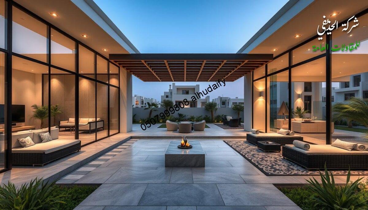 Stunning modern exterior living spaces with glass-enclosed rooms and lounges, featuring thermally insulated sandwich panel walls and ceilings, showcasing the latest construction projects executed in the Eastern Province of Saudi Arabia. Meticulously crafted with attention to detail, the structures blend seamless indoor-outdoor living, complemented by lush landscaping and warm lighting that sets an inviting ambiance. Captured through a wide-angle lens, the image showcases the harmonious integration of contemporary architectural design and high-quality craftsmanship, embodying the excellence of villa construction by Alhuzaifia Company.