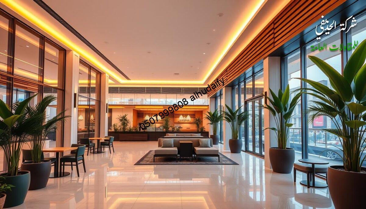 Vibrant modern commercial interior with sleek glass-enclosed exterior lounges. Sturdy sandwich panel walls and ceilings provide thermal insulation. Warm lighting casts a cozy glow, complementing the polished tiles and minimalist furnishings. Lush potted plants and natural wood accents add organic touches. A serene, inviting atmosphere exuding the high-quality craftsmanship of Al-Huthayfi Construction Company's services.