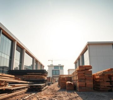 A contemporary construction site in Dammam, Saudi Arabia. Sleek glass-walled annexes with insulated sandwich panel walls and roofs rise against a bright, cloudless sky. In the foreground, piles of building materials - steel beams, wooden planks, and bricks - await their transformation into the foundations of a new office or commercial space. The scene is bathed in warm, directional sunlight, casting dramatic shadows and highlights that accentuate the textures and geometric forms of the construction elements. The mood is one of progress and industrious energy, hinting at the meticulous, professional execution of a commercial real estate project.