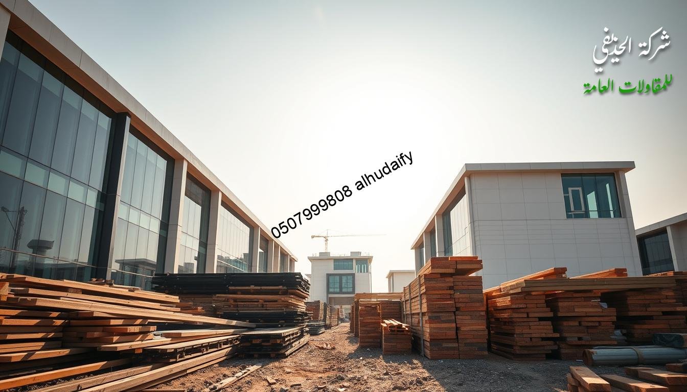 A contemporary construction site in Dammam, Saudi Arabia. Sleek glass-walled annexes with insulated sandwich panel walls and roofs rise against a bright, cloudless sky. In the foreground, piles of building materials - steel beams, wooden planks, and bricks - await their transformation into the foundations of a new office or commercial space. The scene is bathed in warm, directional sunlight, casting dramatic shadows and highlights that accentuate the textures and geometric forms of the construction elements. The mood is one of progress and industrious energy, hinting at the meticulous, professional execution of a commercial real estate project.