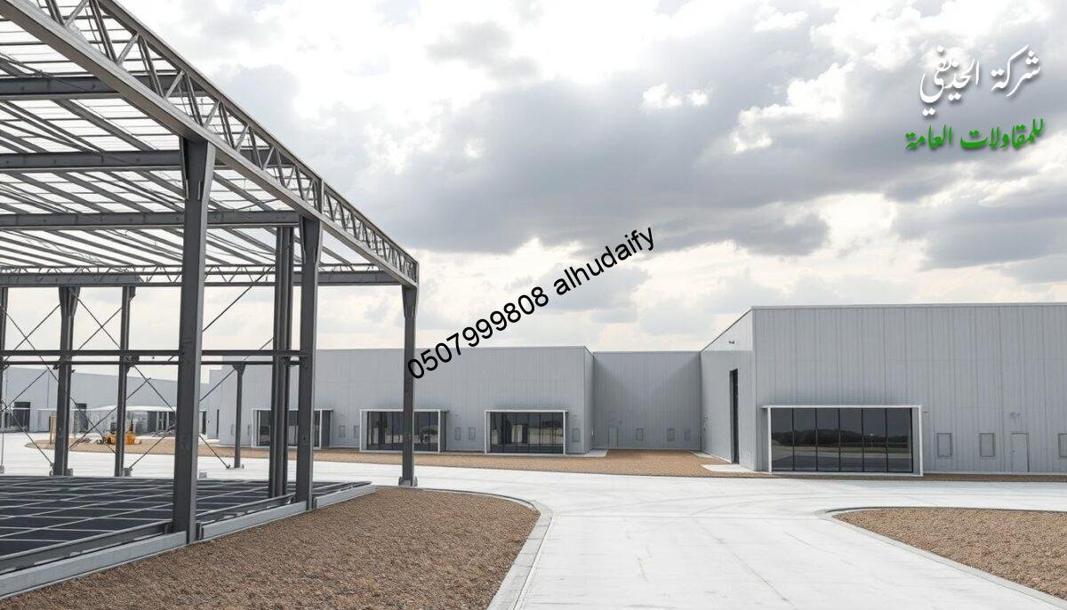 A detailed architectural rendering of a modern industrial warehouse complex in Dammam, Saudi Arabia. The foreground showcases the intricate steel framework and insulated sandwich panel walls, while the middle ground displays sleek glass enclosures and annexes. The background features a minimalist landscape with a cloudy sky, creating a serene yet professional atmosphere. The lighting is evenly distributed, highlighting the clean lines and precise engineering of the structure. The camera angle provides a balanced, three-dimensional perspective, inviting the viewer to envision the scale and functionality of the building. A detailed architectural rendering of a modern industrial warehouse complex in Dammam, Saudi Arabia. The foreground showcases the intricate steel framework and insulated sandwich panel walls, while the middle ground displays sleek glass enclosures and annexes. The background features a minimalist landscape with a cloudy sky, creating a serene yet professional atmosphere. The lighting is evenly distributed, highlighting the clean lines and precise engineering of the structure. The camera angle provides a balanced, three-dimensional perspective, inviting the viewer to envision the scale and functionality of the building.