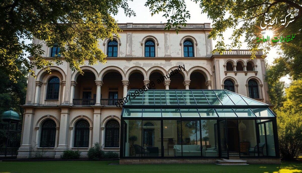 A grand, historic villa in the Eastern Province, its weathered facade exuding an air of timeless elegance. Intricate arches and ornate windows hint at a rich architectural heritage, beckoning to be revived. Sunlight filters through lush foliage, casting a warm, nostalgic glow over the scene. In the foreground, a modern glass-enclosed annex seamlessly blends contemporary design with the villa's original charm, its insulated sandwich panel walls and roof creating a harmonious contrast. This fusion of old and new embodies the spirit of preserving the past while embracing the future, a testament to the importance of carefully restoring these architectural gems.