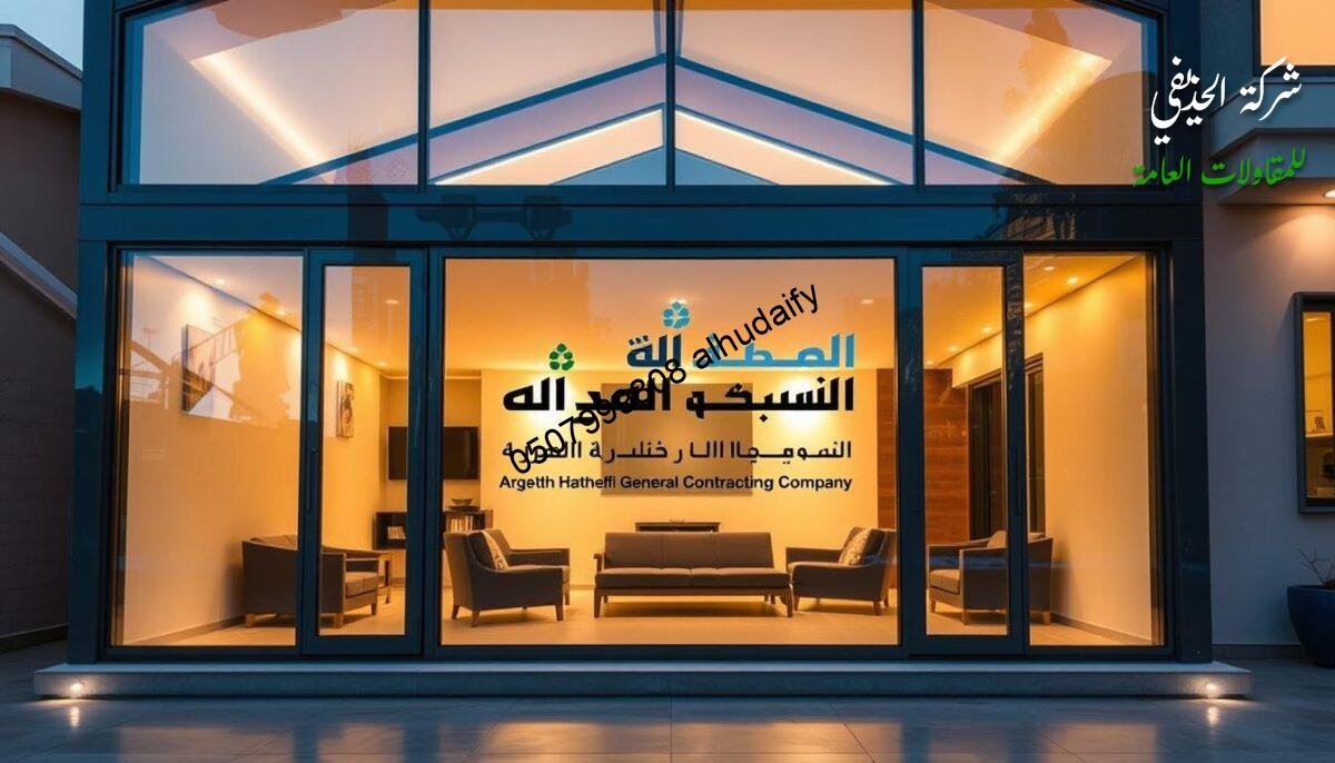 A modern and elegant glass room addition, showcasing the expertise of Al-Hatheefi General Contracting Company. The structure features sleek sandwich panel walls and ceilings, seamlessly blending indoor and outdoor spaces. Warm lighting accentuates the clean lines and premium materials, creating an inviting and luxurious atmosphere. The company's logo is prominently displayed, reflecting their commitment to quality and design. The image captures the essence of their services, highlighting the company's ability to transform residential and commercial spaces with their exceptional construction capabilities. A modern and elegant glass room addition, showcasing the expertise of Al-Hatheefi General Contracting Company. The structure features sleek sandwich panel walls and ceilings, seamlessly blending indoor and outdoor spaces. Warm lighting accentuates the clean lines and premium materials, creating an inviting and luxurious atmosphere. The company's logo is prominently displayed, reflecting their commitment to quality and design. The image captures the essence of their services, highlighting the company's ability to transform residential and commercial spaces with their exceptional construction capabilities.