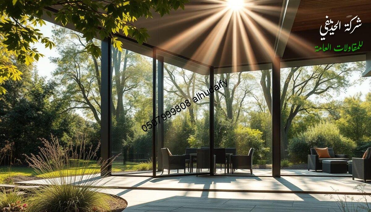 A modern glass-enclosed outdoor lounge, its sleek walls and ceilings insulated with sandwich panels, sits amidst a lush, sun-dappled landscape. Precisely engineered construction techniques bring this luxurious extension to life, with each meticulously planned step visible in the final, meticulously crafted design. Beams of warm light filter through the glass, casting a soft, inviting glow. The scene conveys a sense of serene, sophisticated elegance, perfectly suited for the exclusive, high-end project.