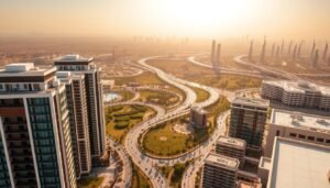 A panoramic aerial view of the Eastern Province of Saudi Arabia, showcasing the diverse landscape and infrastructure. In the foreground, modern residential and commercial buildings with sleek glass facades and insulated sandwich panel walls and roofs stand tall, reflecting the region's commitment to sustainable construction. The middle ground features a bustling cityscape, with winding roads and lush greenery interspersed between the structures. In the background, the horizon is dotted with towering skyscrapers, a testament to the region's rapid urbanization and economic growth. The scene is bathed in warm, golden light, creating a vibrant and welcoming atmosphere. The overall composition captures the dynamic and thriving nature of the Eastern Province, ready to embrace the latest building technologies and innovations.
