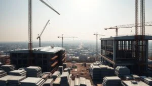 A panoramic view of a bustling construction site, where workers diligently erect a series of sleek, modern structures. Towering cranes cast dynamic shadows across the scene, as the sun filters through a hazy sky. The foreground features piles of building materials, including insulated sandwich panels and glass panels, ready to be integrated into the emerging annexes and glass rooms. In the middle ground, the structures take shape, showcasing clean lines and innovative designs that blend seamlessly with the surrounding environment. The background is filled with a cityscape, hinting at the integration of these new buildings into the existing urban landscape. The overall atmosphere conveys a sense of progress, efficiency, and a commitment to modern architectural solutions.