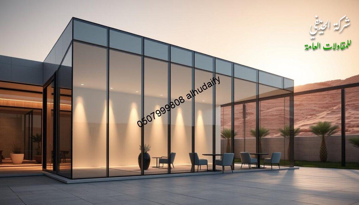 A sleek and modern glass-walled outdoor lounge, expertly insulated with state-of-the-art sandwich panels, stands against a backdrop of a warm, sun-dappled Saudi Arabian landscape. Crisp lines and clean geometries create a harmonious, energy-efficient structure that seamlessly blends form and function. Soft, diffused lighting emanates from recessed fixtures, evoking a tranquil, inviting ambiance. The high-quality insulation ensures optimal temperature regulation, showcasing the paramount importance of thermal isolation for modern commercial buildings in the region. An elegant, sustainable design that prioritizes comfort, efficiency, and architectural excellence.