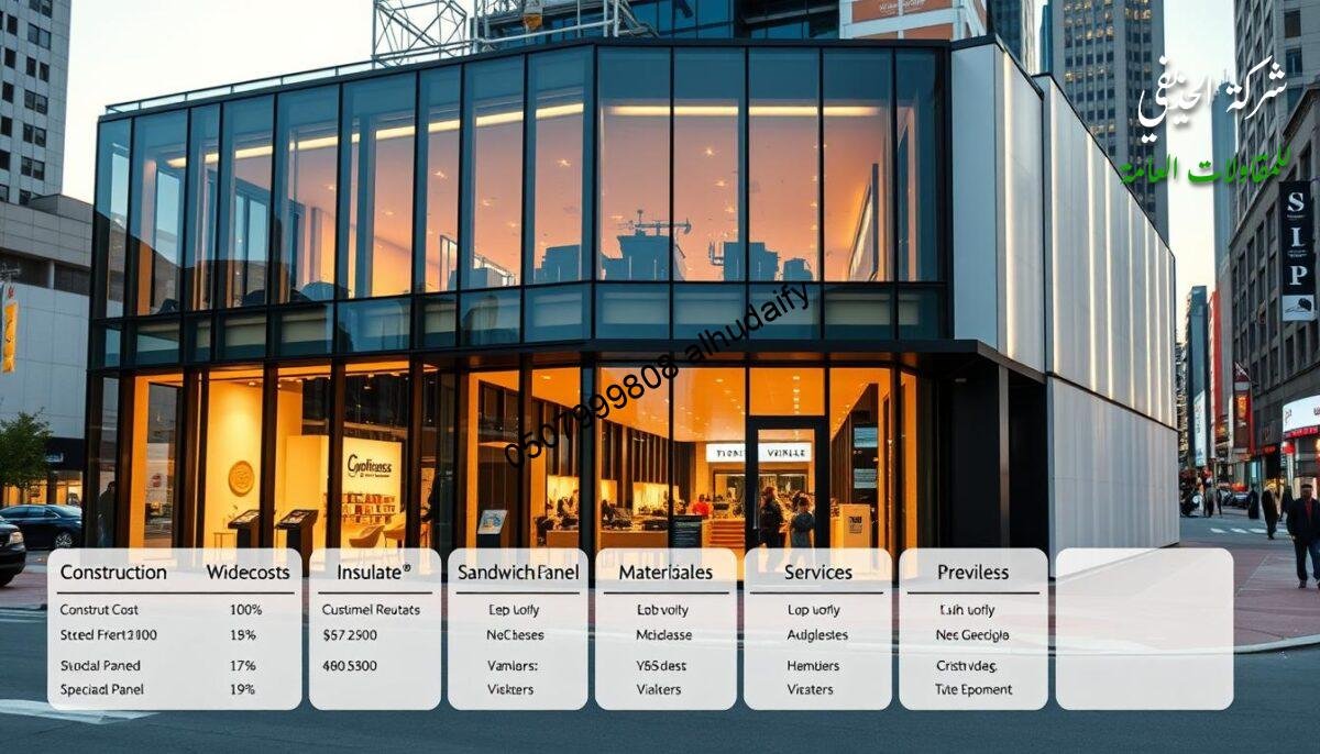 A sophisticated, contemporary commercial building with glass walls, steel framing, and insulated sandwich panel accents. The structure is illuminated by warm, indirect lighting, casting a welcoming glow. The foreground features a detailed breakdown of construction costs, materials, and specialized services. The middle ground showcases the striking architectural design, with clean lines and a harmonious blend of textures. In the background, a bustling urban setting provides context, highlighting the building's integration within the local commercial landscape. An image that conveys the quality, efficiency, and attention to detail inherent in the construction of an attractive, customer-drawing retail space. A sophisticated, contemporary commercial building with glass walls, steel framing, and insulated sandwich panel accents. The structure is illuminated by warm, indirect lighting, casting a welcoming glow. The foreground features a detailed breakdown of construction costs, materials, and specialized services. The middle ground showcases the striking architectural design, with clean lines and a harmonious blend of textures. In the background, a bustling urban setting provides context, highlighting the building's integration within the local commercial landscape. An image that conveys the quality, efficiency, and attention to detail inherent in the construction of an attractive, customer-drawing retail space.