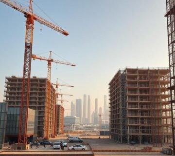 A sprawling construction site comes into view, with towering cranes and workers busily erecting a series of gleaming modern structures. The foreground features large glass panels and insulated sandwich walls, while the middle ground showcases the intricate framework of the buildings. In the background, the distinctive skyline of Dammam rises, bathed in warm, golden light. The scene exudes a sense of progress and innovation, reflecting the latest advancements in regional construction techniques.