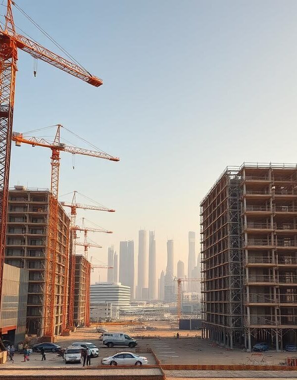A sprawling construction site comes into view, with towering cranes and workers busily erecting a series of gleaming modern structures. The foreground features large glass panels and insulated sandwich walls, while the middle ground showcases the intricate framework of the buildings. In the background, the distinctive skyline of Dammam rises, bathed in warm, golden light. The scene exudes a sense of progress and innovation, reflecting the latest advancements in regional construction techniques.