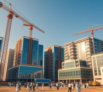 A sprawling construction site in Dammam, Saudi Arabia. Towering cranes loom over the scene, their arms extending towards the sky. Sleek, modern buildings rise from the ground, their glass facades glittering in the warm sunlight. Insulated sandwich panels form the walls and roofs, creating a seamless, energy-efficient structure. In the foreground, workers diligently navigate the site, overseeing the progress of this ambitious project. The atmosphere is one of focused activity, a testament to the professionalism and expertise of the construction team. This image captures the dynamic essence of a commercial building endeavor, embodying the importance of innovative design and meticulous execution.