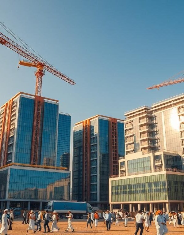 A sprawling construction site in Dammam, Saudi Arabia. Towering cranes loom over the scene, their arms extending towards the sky. Sleek, modern buildings rise from the ground, their glass facades glittering in the warm sunlight. Insulated sandwich panels form the walls and roofs, creating a seamless, energy-efficient structure. In the foreground, workers diligently navigate the site, overseeing the progress of this ambitious project. The atmosphere is one of focused activity, a testament to the professionalism and expertise of the construction team. This image captures the dynamic essence of a commercial building endeavor, embodying the importance of innovative design and meticulous execution.