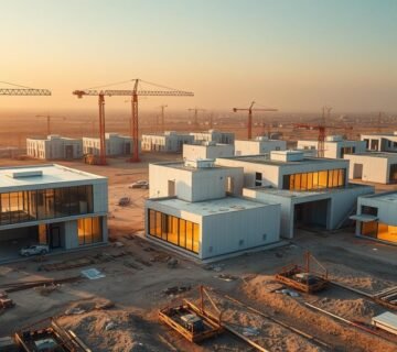 A sprawling construction site nestled in the heart of Dammam, where cutting-edge engineering techniques converge to create modern architectural marvels. Sleek, glass-walled annexes and sunlit, insulated panel rooms rise amidst a symphony of activity. Precise measurements, intricate blueprints, and the hum of machinery weave a tapestry of innovative design. Warm, diffused lighting casts a contemplative glow, guiding the viewer's eye towards the thoughtfully crafted structures. Elegant, minimalist forms blend seamlessly with the surrounding landscape, a testament to the region's emerging architectural prowess. This image encapsulates the "Useful Engineering Tips" that underpin the latest construction advancements in the Eastern Province.