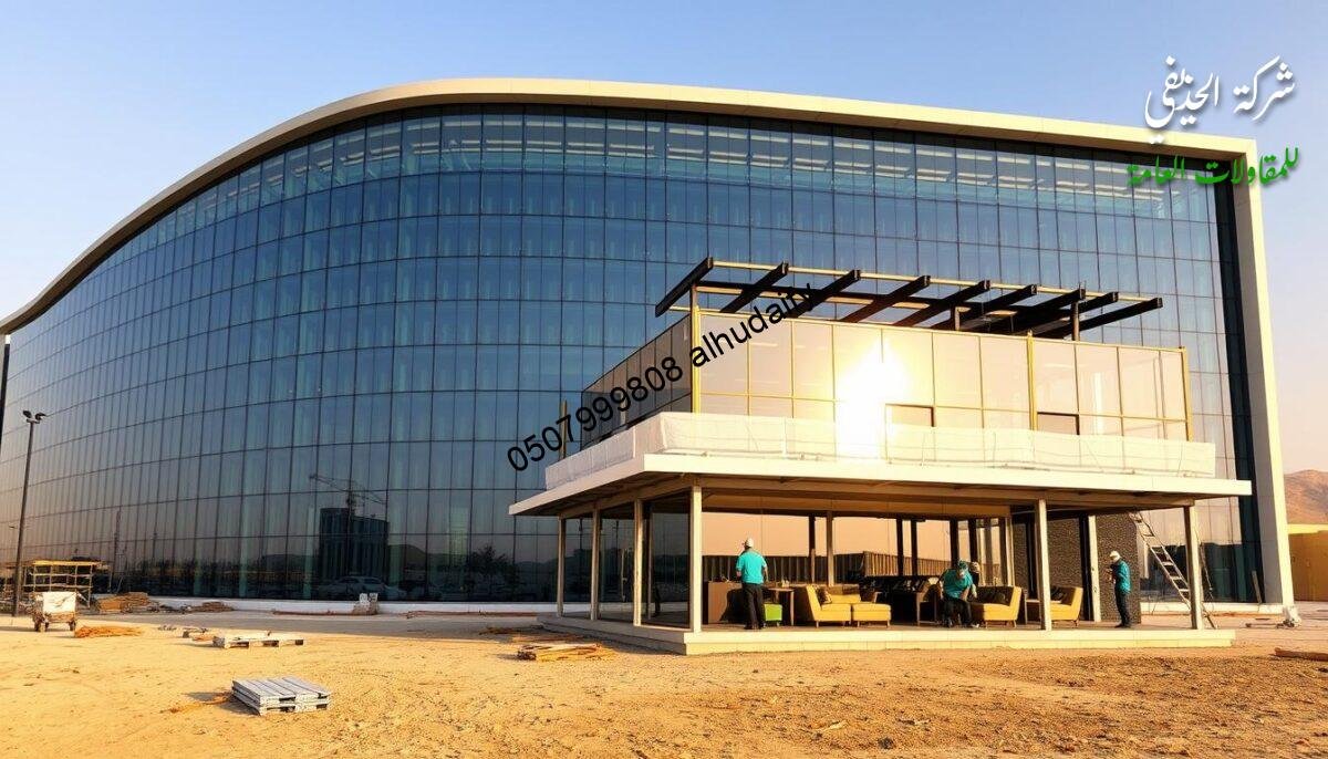 A vast, modern commercial building stands proudly, its sleek glass walls and insulated sandwich panel roof reflecting the warm desert sun. In the foreground, a team of skilled construction workers meticulously assemble a contemporary outdoor lounge, complete with a glass-enclosed patio, ready to provide a comfortable and visually stunning extension to the main structure. The scene exudes a sense of precision, efficiency, and attention to detail, capturing the essence of the modern commercial construction process in the Eastern region of Saudi Arabia.