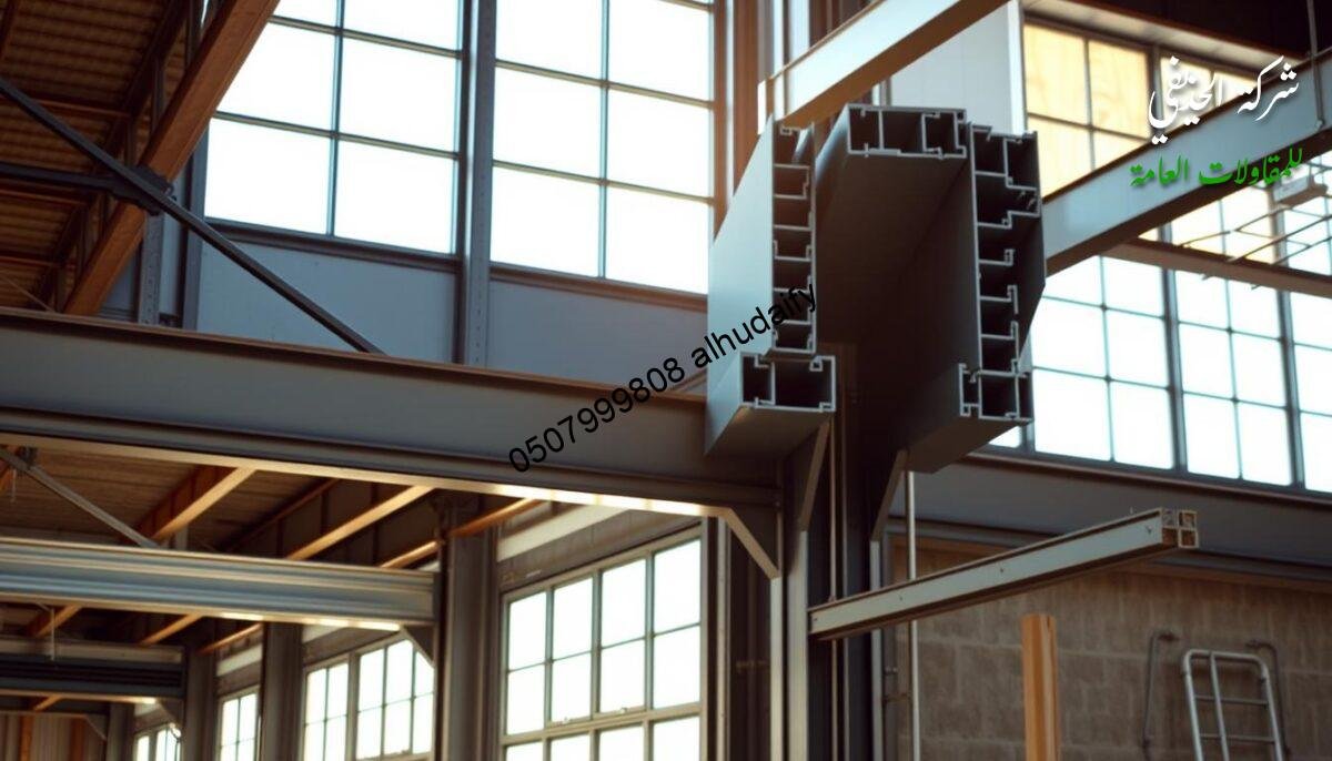 A well-lit industrial interior showcasing an array of construction materials used in metal frame structures. Gleaming steel beams, sturdy aluminum extrusions, and weather-resistant insulation panels take center stage, complemented by the soft glow of natural daylight streaming through expansive windows. The scene conveys a sense of functional elegance, highlighting the versatility and durability of these essential building components. Subtle shadows and reflections add depth and texture, creating a visually compelling representation of the materials employed in the construction of modern industrial annexes and glass rooms. A well-lit industrial interior showcasing an array of construction materials used in metal frame structures. Gleaming steel beams, sturdy aluminum extrusions, and weather-resistant insulation panels take center stage, complemented by the soft glow of natural daylight streaming through expansive windows. The scene conveys a sense of functional elegance, highlighting the versatility and durability of these essential building components. Subtle shadows and reflections add depth and texture, creating a visually compelling representation of the materials employed in the construction of modern industrial annexes and glass rooms.