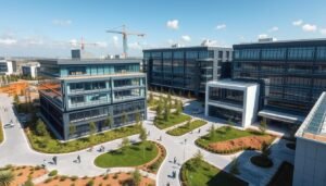 An expansive construction site, bustling with activity, featuring a series of modern, multi-story buildings with sleek, glass-enclosed annexes. The structures showcase a harmonious blend of steel frames, insulated sandwich panels, and floor-to-ceiling windows that flood the interiors with natural light. Carefully manicured landscapes surround the buildings, with lush greenery and well-paved pathways leading visitors through the meticulously designed project. A sense of architectural innovation and professional execution permeates the scene, capturing the essence of a successful corporate office development.