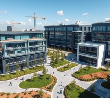An expansive construction site, bustling with activity, featuring a series of modern, multi-story buildings with sleek, glass-enclosed annexes. The structures showcase a harmonious blend of steel frames, insulated sandwich panels, and floor-to-ceiling windows that flood the interiors with natural light. Carefully manicured landscapes surround the buildings, with lush greenery and well-paved pathways leading visitors through the meticulously designed project. A sense of architectural innovation and professional execution permeates the scene, capturing the essence of a successful corporate office development.