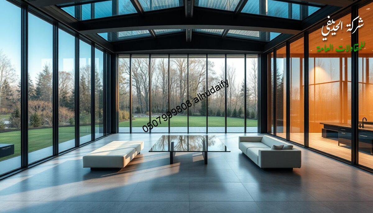 An expansive, modern glass room with a sleek, minimalist design. The structure features floor-to-ceiling windows, allowing natural light to flood the space. The interior showcases a clean, geometric layout with a central glass table surrounded by comfortable seating. Precise engineering and high-quality materials are evident in the seamless integration of the glass panels and supporting framework. Subtle spotlighting illuminates the space, creating a warm, inviting ambiance. The overall composition conveys a sense of sophistication and attention to detail, reflecting the craftsmanship and expertise of the designers. An expansive, modern glass room with a sleek, minimalist design. The structure features floor-to-ceiling windows, allowing natural light to flood the space. The interior showcases a clean, geometric layout with a central glass table surrounded by comfortable seating. Precise engineering and high-quality materials are evident in the seamless integration of the glass panels and supporting framework. Subtle spotlighting illuminates the space, creating a warm, inviting ambiance. The overall composition conveys a sense of sophistication and attention to detail, reflecting the craftsmanship and expertise of the designers.