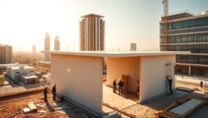 An expansive, sun-drenched scene in the heart of Dammam's bustling Eastern Province. In the foreground, a team of skilled tradesmen meticulously assemble a sleek, contemporary office annex, its walls and roof crafted from insulated sandwich panels that glisten in the warm, golden light. The middle ground reveals the towering silhouettes of neighboring commercial structures, their glass facades reflecting the activity below. In the distance, the vibrant cityscape stretches out, hinting at the thriving business ecosystem that this professional contractor serves with expertise and precision.