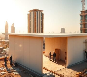 An expansive, sun-drenched scene in the heart of Dammam's bustling Eastern Province. In the foreground, a team of skilled tradesmen meticulously assemble a sleek, contemporary office annex, its walls and roof crafted from insulated sandwich panels that glisten in the warm, golden light. The middle ground reveals the towering silhouettes of neighboring commercial structures, their glass facades reflecting the activity below. In the distance, the vibrant cityscape stretches out, hinting at the thriving business ecosystem that this professional contractor serves with expertise and precision.