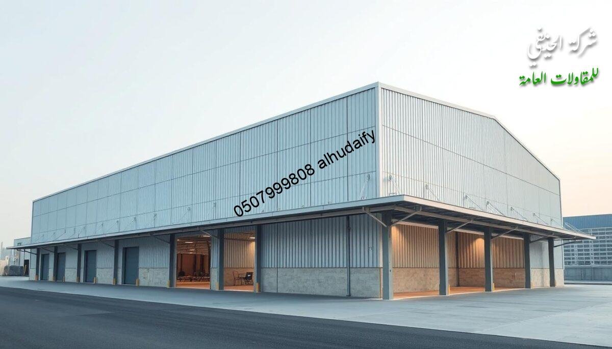 Detailed architectural illustration of a metal framed warehouse structure with a sleek, modern design. The building features insulated sandwich panel walls and roof in a minimalist aesthetic, situated against a backdrop of a cityscape in Dammam, Saudi Arabia. Capture the scale and grandeur of the industrial annex, with carefully considered lighting to highlight the clean lines and metallic textures. Emphasize the structural integrity and functional purpose of the warehouse, while also conveying a sense of sophistication and innovation in the industrial space. Detailed architectural illustration of a metal framed warehouse structure with a sleek, modern design. The building features insulated sandwich panel walls and roof in a minimalist aesthetic, situated against a backdrop of a cityscape in Dammam, Saudi Arabia. Capture the scale and grandeur of the industrial annex, with carefully considered lighting to highlight the clean lines and metallic textures. Emphasize the structural integrity and functional purpose of the warehouse, while also conveying a sense of sophistication and innovation in the industrial space.