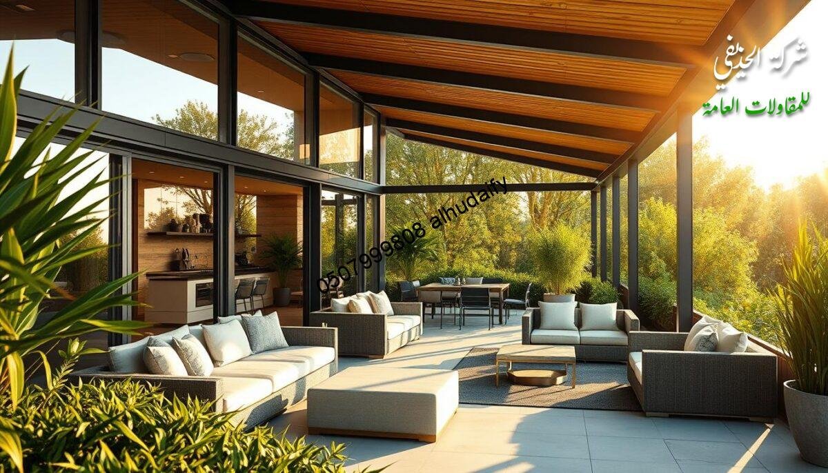 Elegant outdoor lounges with sleek glass walls and insulated sandwich panel ceilings, bathed in warm, golden sunlight filtering through high-end window frames. Lush greenery frames the serene scene, creating a harmonious, contemporary oasis of luxury living. Attention to detail is evident in the seamless integration of modern architecture and nature, radiating a sense of sophistication and comfort. A picturesque representation of the premium exterior addition services offered, showcasing the professional craftsmanship and design expertise.