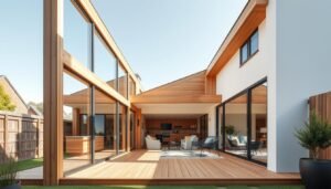 Sleek, contemporary wooden outdoor extension with meticulously detailed cost breakdown. Sunlit, minimalist design featuring warm timber tones, clean lines, and a harmonious blend of materials. Expansive glass panels invite natural light, creating a seamless transition between indoor and outdoor living spaces. Precisely engineered insulated sandwich panels form the sturdy, energy-efficient structure. Precise angles, measured proportions, and a carefully curated color palette convey a sense of modern elegance. Soft, diffused lighting accentuates the texture and depth of the wood, while strategic camera angles capture the harmonious interplay of form and function.